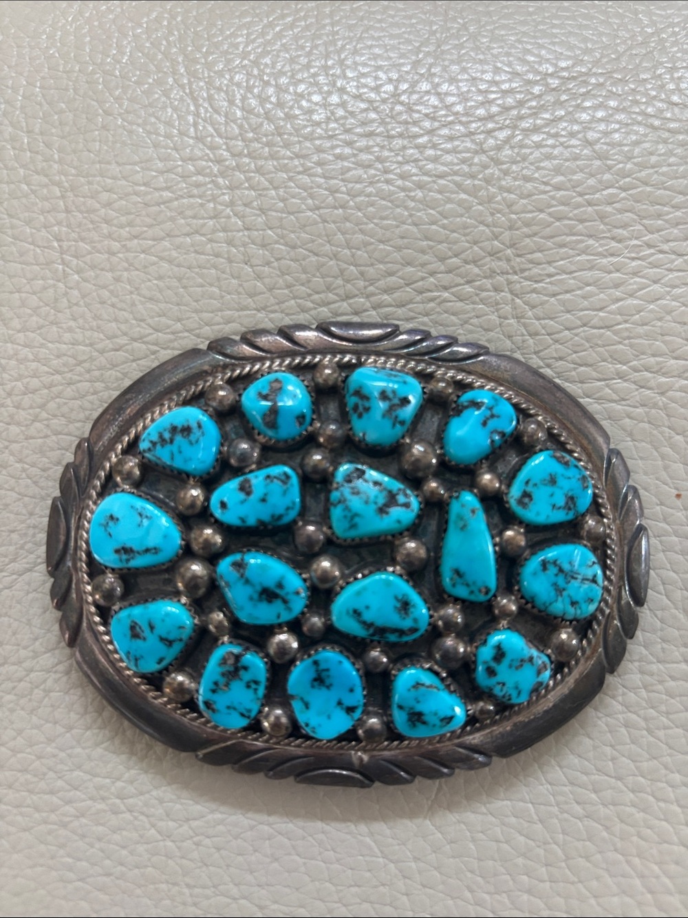 Handmade genuine turquoise buckle sterling silver signed